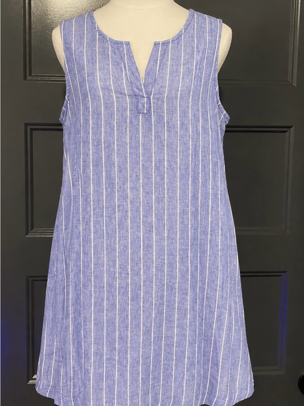 Sleeveless Blue & White Vertical Stripe Tunic Dress